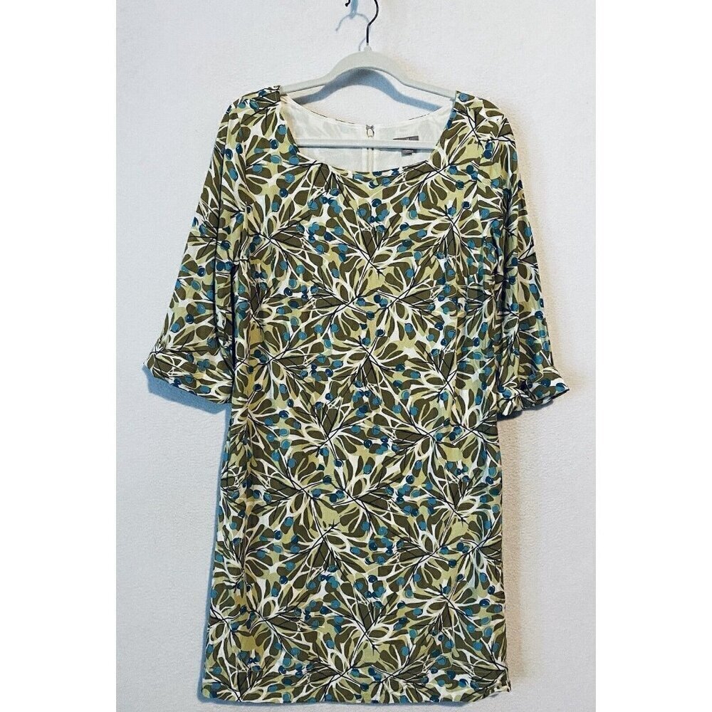 J Jill Dress Womens 10 Olive Green Artsy Leaf Blueberry Print Square Neck Shift